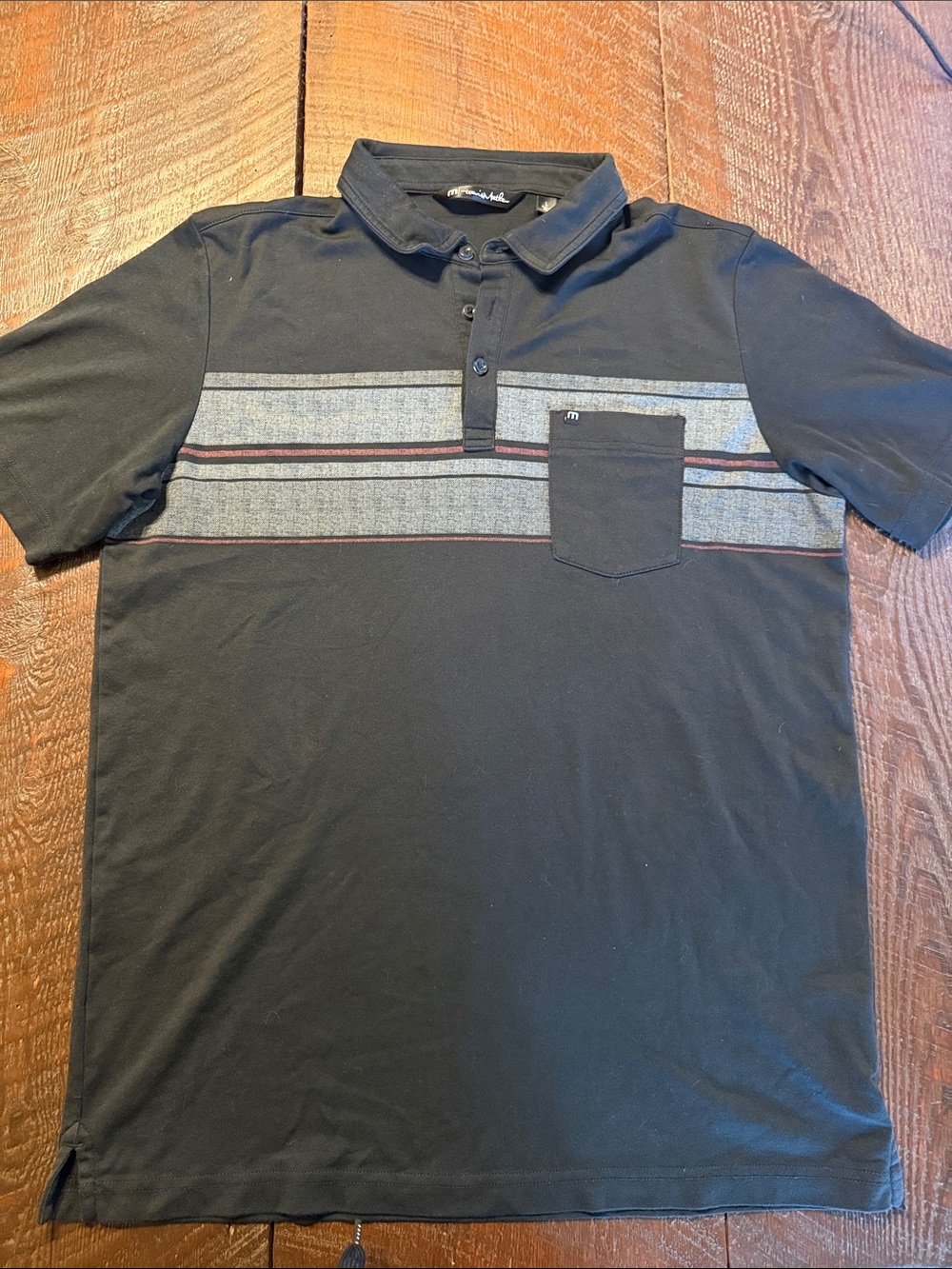 TravisMathew Men’s Polo Shirt Black Gray Stripe Pocket Golf Large